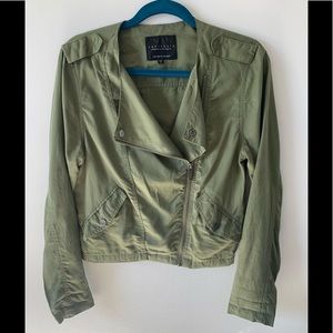 Sanctuary Small Green Cotton Moto Jacket Lightweight Pockets Shoulder Tabs